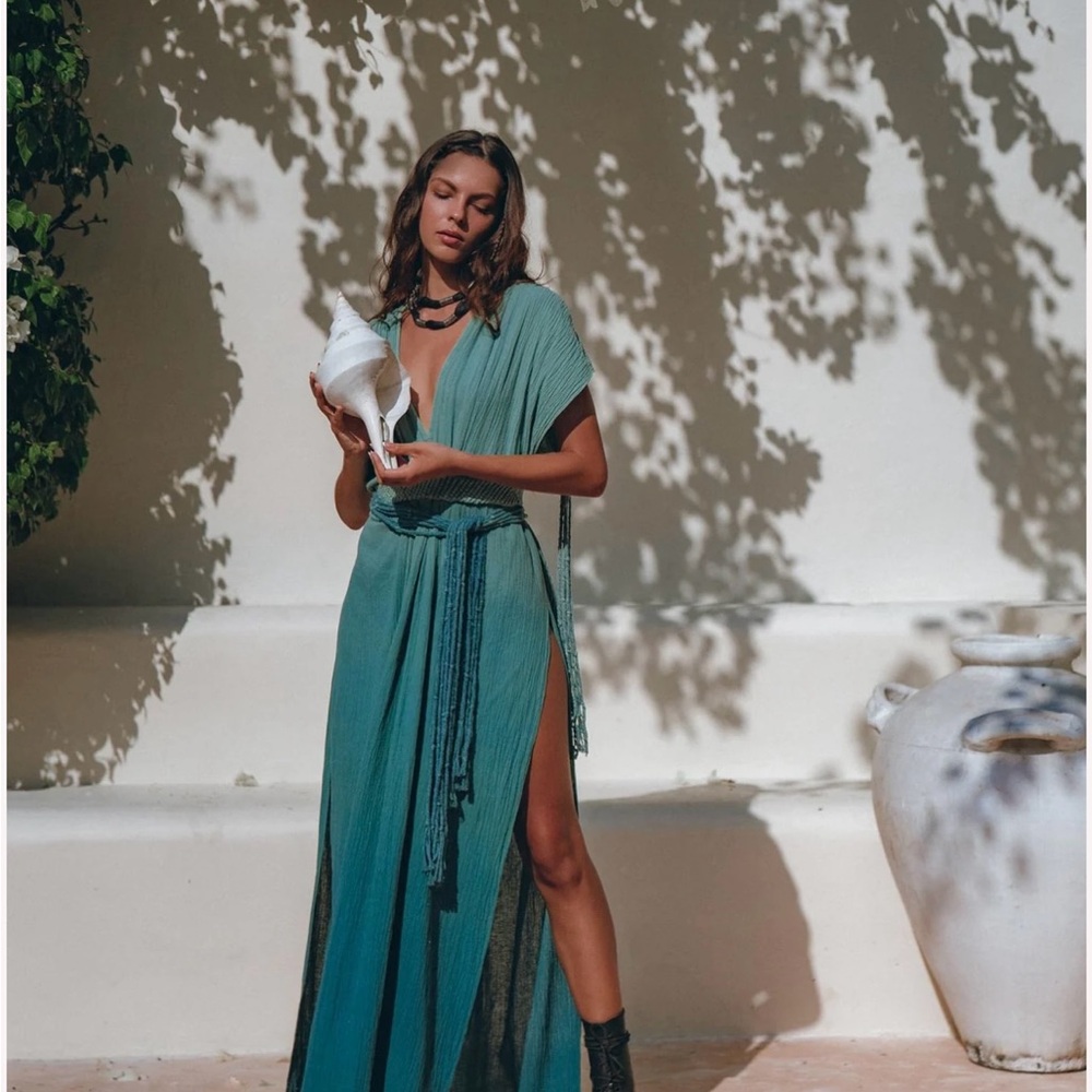 Aya Sacred Wear Organic Boho Wedding Dress Botanically Dyed Turquoise OS